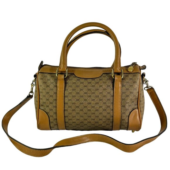 70's GUCCI Beige Canvas Tan Leather Micro GG Monogram Satchel Made in Italy - Picture 1 of 15